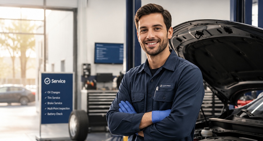 Technician inspecting a tire in the service bay